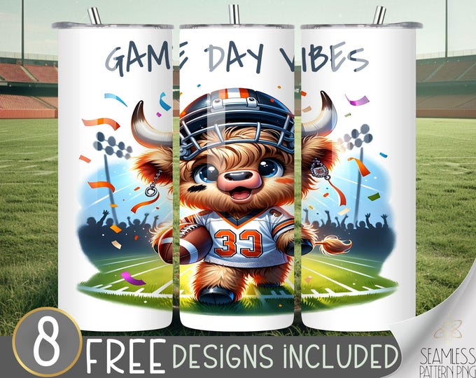 Football highland cow tumbler wrap, game day vibes 20 oz skinny tumbler sublimation, football tumbler design, cute football cow tumbler file