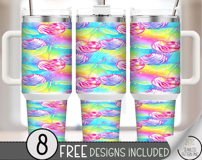 Rainbow Cherry PNG, Seamless Pattern 40 oz Tumbler Wrap, Sublimation Design, Digital Download, B938