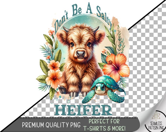 Funny Don’t Be a Salty Heifer Sublimation PNG, Highland Cow and Turtle Beach Design, Western Farm Animal Print for Tumblers, Mugs, Flag A274
