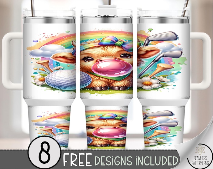 Highland Cow 40 Oz Tumbler Wrap, Cute Golf Sublimation Design For Fun And Cheerful Golfer PNG, B796