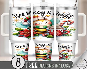Cheerful 40 oz tumbler wrap: Bee Merry Christmas Sublimation Design, Colorful Holiday PNG Files, Poinsettias Candy Cane File, A479