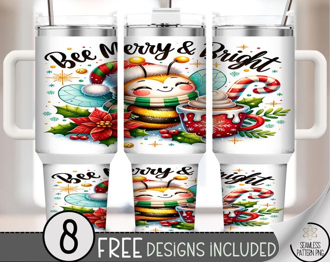 Cheerful 40 oz tumbler wrap: Bee Merry Christmas Sublimation Design, Colorful Holiday PNG Files, Poinsettias Candy Cane File, A479