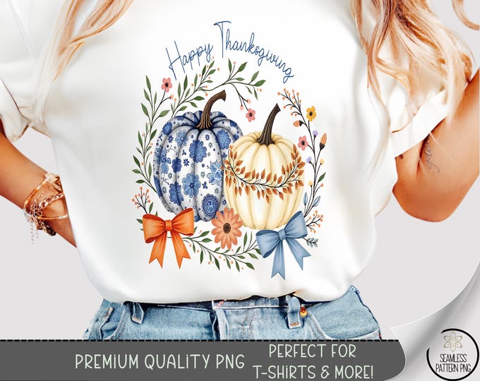 Festive T-shirt PNG, Coquette Bow Sublimation Design, Thanksgiving DTF Shirt Graphic, Decorative TShirt File, Pumpkin Pattern PNG A478