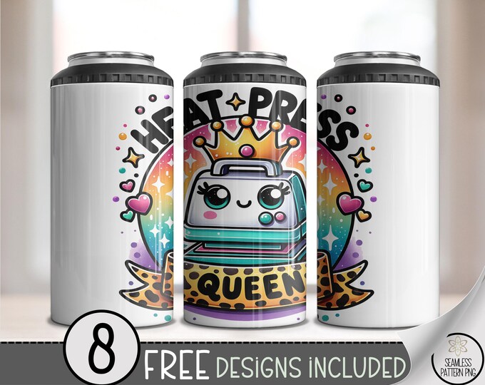 Heat Press Queen 4-in-1 Can Cooler Wrap PNG, Cute Rainbow Sparkle Sublimation Design, Crafters Can Holder, Kawaii Craft Life File, A342