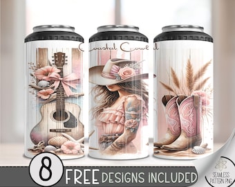Coastal Cowgirl 4 in 1 Can Cooler Wrap, Western Sublimation Design, Cowgirl 4in1 Tumbler PNG, Girly Guitar Country Girl 16 Oz PNG, A154