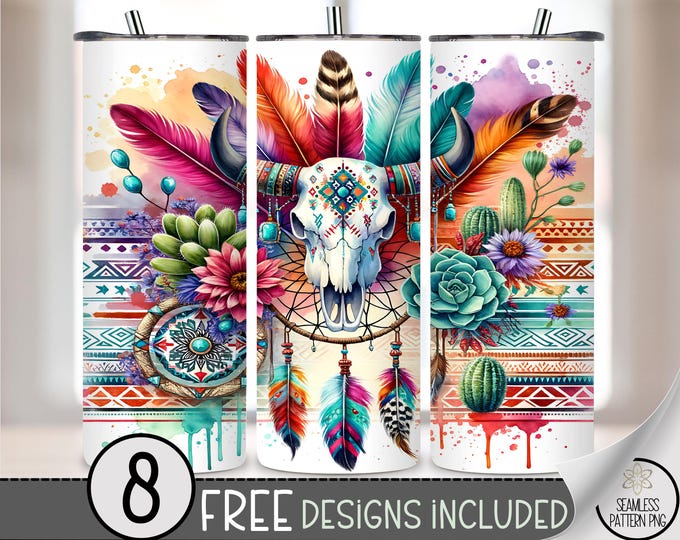 Boho Bull Skull 20 oz Tumbler Wrap PNG with Dreamcatcher, Feathers, Succulents, Cactus, and Aztec Pattern, Western Sublimation Design, A403