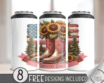 Patriotic Western Boots 4 in 1 Can Cooler Wrap, American Flag Sublimation Design, Country Girl Cowboy Boots 4in1 Tumbler PNG, A112