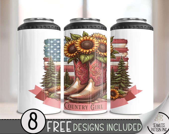 Patriotic Western Boots 4 in 1 Can Cooler Wrap, American Flag Sublimation Design, Country Girl Cowboy Boots 4in1 Tumbler PNG, A112