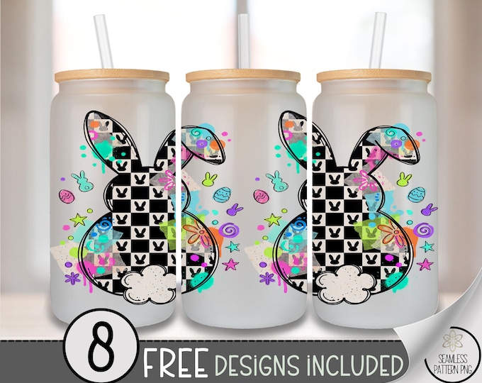 Checkered Bunny PNG, Bunny Checkerboard Glass Can Wrap, Digital Download, B882
