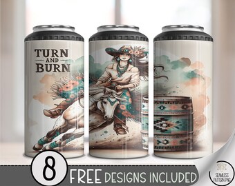 4-in-1 Can Cooler Wrap PNG, Boho Cowgirl Barrel Racer Sublimation File, 16 oz Turn & Burn Western Design PNG, Horse Tumbler PNG Design, A341
