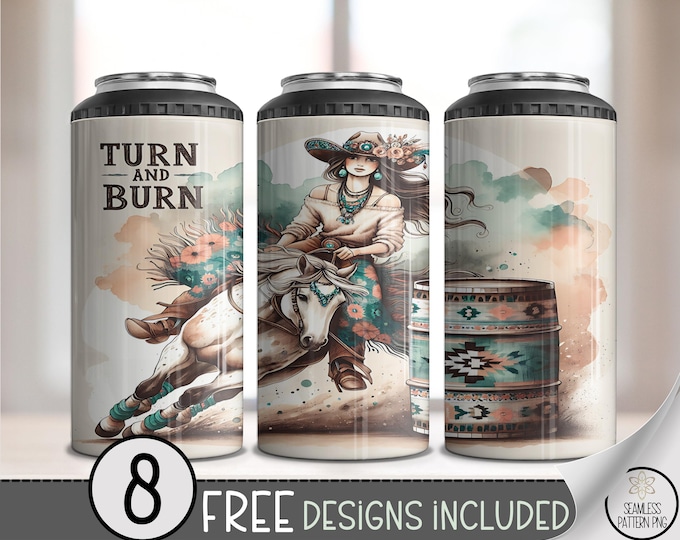 4-in-1 Can Cooler Wrap PNG, Boho Cowgirl Barrel Racer Sublimation File, 16 oz Turn & Burn Western Design PNG, Horse Tumbler PNG Design, A341