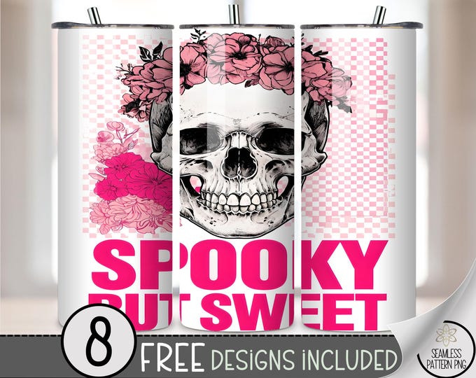 Girly Skull 20 oz PNG Tumbler Wrap, Cute Sublimation Design for Halloween, Digital Download for Crafting, A424