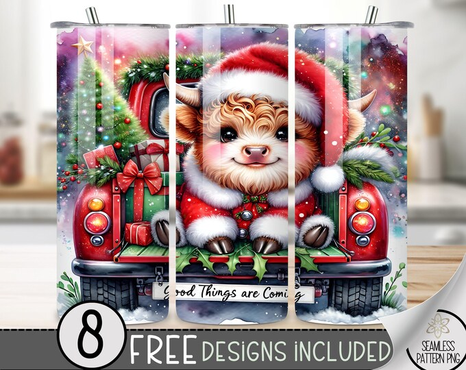 Christmas Highland Cow Tumbler Wrap, Santa Tumbler Wrap, Santa Highland Cow,   Xmas Gift Trucker 20 OZ Sublimation Design File Download