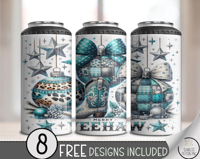 Teal Western 4in1 Can Cooler Wrap, Yeehaw Ornaments Sublimation Design, Country Christmas Digital File, Glitter Accents A517