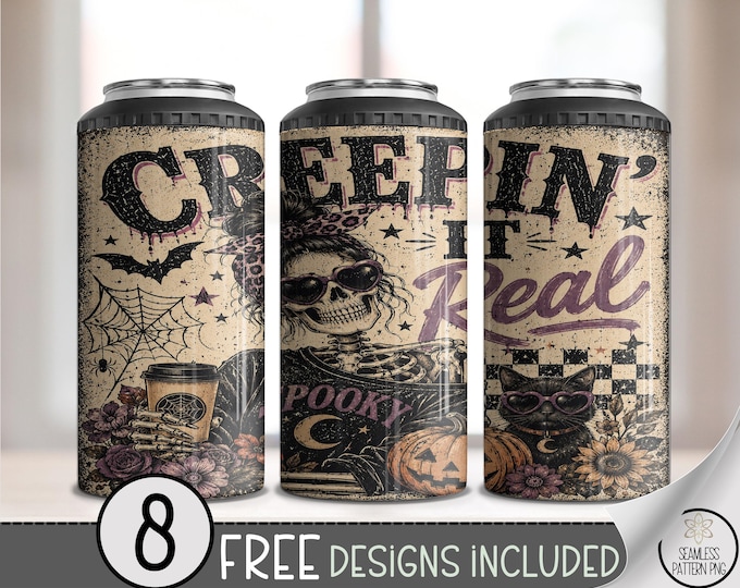 Halloween Creepin It Real 4-in-1 Can Cooler Wrap, Skeleton Sublimation Design, 16 oz 4-in-1 File, Digital Download, B10344