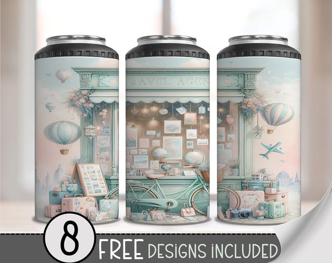 Cute Travel Agent 4 in 1 Can Cooler Wrap, World Traveler 4in1 Tumbler PNG, Travel Wanderlust 16 Oz Can Cooler, Airplane Air Balloon A228