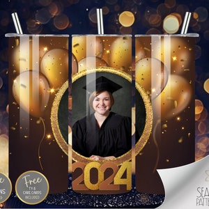 Afstuderen 2024 Foto 20 oz Rechte Tumbler Wrap Sublimatie PNG, Bruin & Goud Glitter Naadloos Mager Tumbler Design, Instant Download