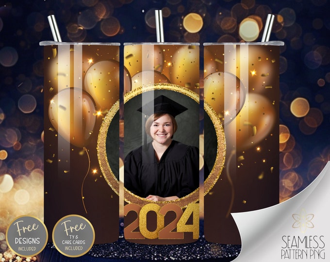 Graduation 2024 Photo 20 oz Straight Tumbler Wrap Sublimation PNG, Brown & Gold Glitter  Seamless Skinny Tumbler Design, Instant Download
