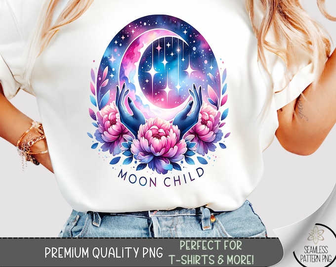 Moon Child T-Shirt Sublimation PNG, Celestial Galaxy Design with Crescent Moon, Mystical Hands & Watercolor Florals, A397