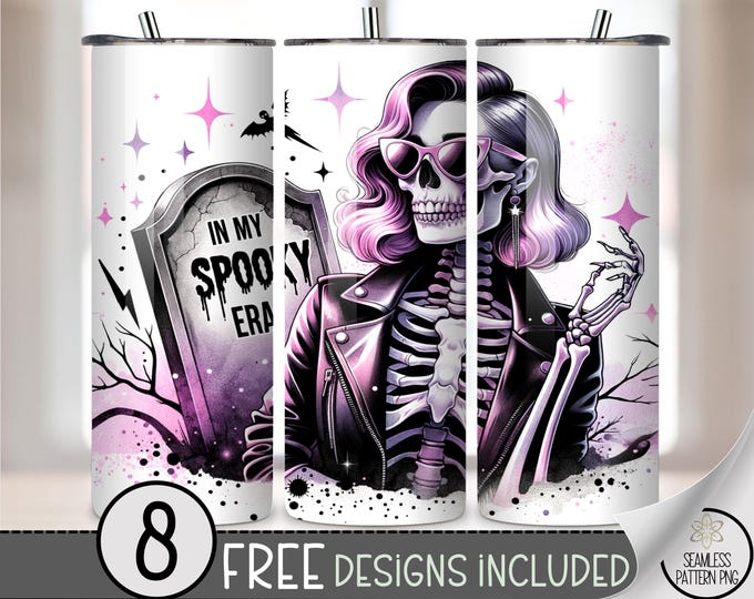 20oz Tumbler Wrap In My Spooky Era PNG, Glam Skeleton Halloween Sublimation Design, Pink Goth Tumbler Wrap PNG, Fall Skeleton Wrap, A390