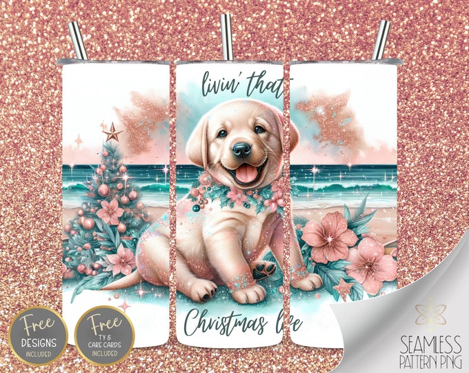 Golden Retriever Puppy, 20 oz Straight Tumbler Wrap Sublimation, Xmas  Tumbler Design Files, Christmas At The Beach Instant Download PNG