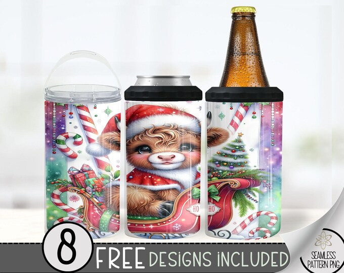 Seamless Christmas Highland Cow 4in1 Can Cooler Wrap, Winter Cow 16 Oz Can Cooler Sublimation Design Merry Christmas Holiday 4 in 1 Tumbler