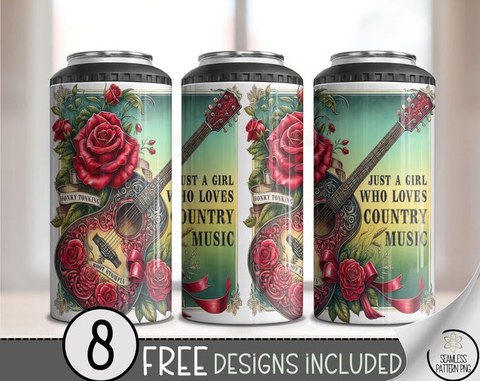 Country Music Girl 4-in-1 Can Cooler Wrap PNG, Guitar & Rose Sublimation, Just a Girl Who Loves Country Wrap,Honky Tonking Boot Stompin A286