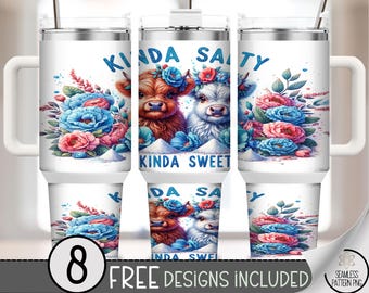 40oz Tumbler Wrap Kinda Salty Kinda Sweet PNG, Floral Cow and Llama Sublimation Wrap, Funny Animal Design, Pastel Farm Animal PNG, A360