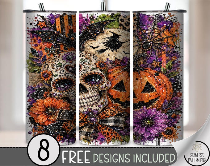 Halloween Sugar Skull 20 oz Tumbler Wrap, Glittery Sublimation Design for Straight Tumblers, Colorful PNG Files, Digital Download, B10479