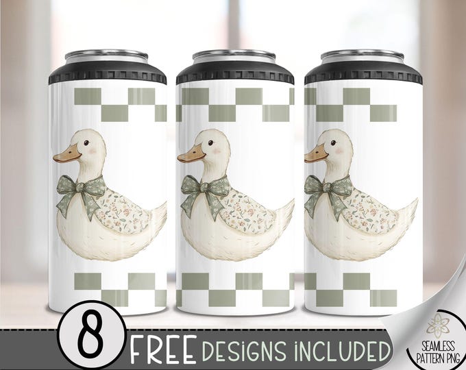 Goose 4 in 1 Can Cooler Wrap, Cute Duck 4in1 Tumbler PNG, Checkered 16 Oz Can Cooler Sublimation Design, Shabby Chic Country Cottage, A167