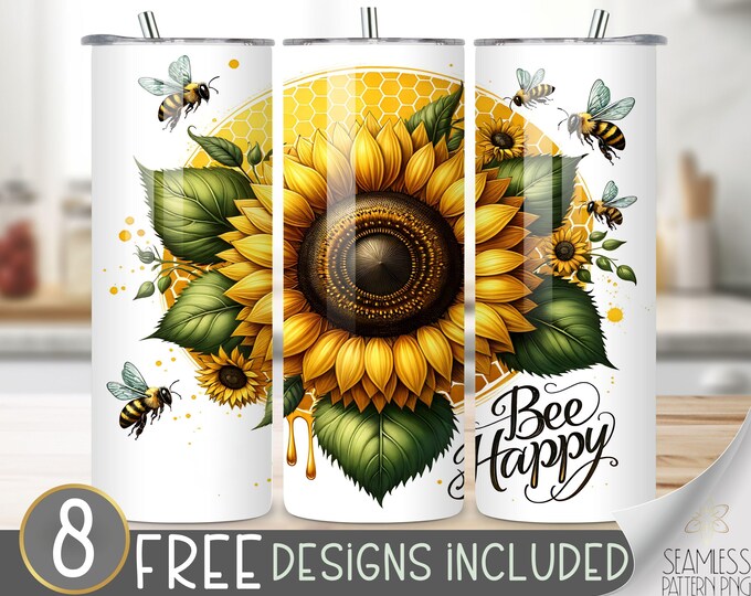 Bee Happy Tumbler Wrap, Affirmation PNG, Bee Themed 20 oz Straight Tumbler Sublimation Design, Inspirational Tumbler png, Be Happy Tumbler