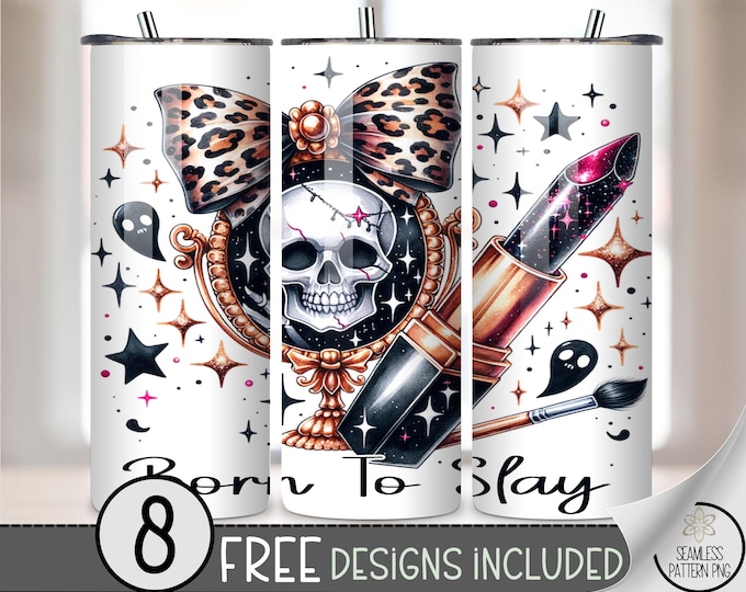 Born to Slay 20 oz Tumbler Wrap PNG, Glam Skull Lipstick Sublimation Design, Leopard Bow Gothic Makeup PNG, Leopard Coquette Bow File, A389