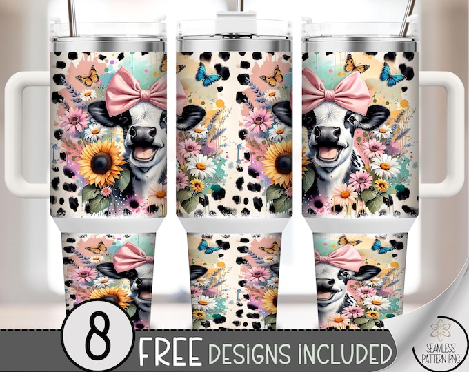 Happy Cow 40 oz Tumbler Wrap, Cow Sublimation Design, Cheerful Spring PNG Files, Sunflower & Daisies 40oz Tumbler Design, B10019