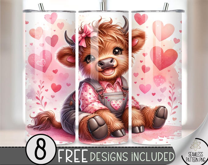 Highland Cow Valentine Tumbler Wrap, Love Sublimation Tumbler Wrap, Vday 20Oz Sublimation Wrap,Valentines Day Sublimation Tumbler Design PNG