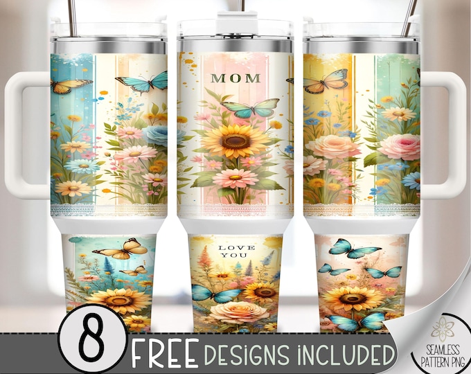 Mom 40oz Tumbler Wrap, Floral 40 Ounce Sublimation Design,40 oz Sunflower Butterfly Wrap, Boho Flower 40oz Quencher Tumbler PNG, A207