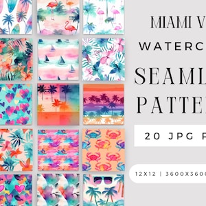 Digitales Aquarell Miami Vibes Nahtloses Muster JPEG Bundle, Sommer Surfbrett Flamingo Craft Sublimation JPG Datei, Rapport komerziell