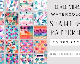Digital Watercolor Miami Vibes Seamless Pattern JPEG Bundle, Summer Surfboard Flamingo Craft Sublimation JPG File, Repeating Pack Commercial