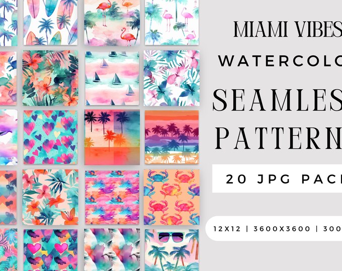 Digital Watercolor Miami Vibes Seamless Pattern JPEG Bundle, Summer Surfboard Flamingo Craft Sublimation JPG File, Repeating Pack Commercial