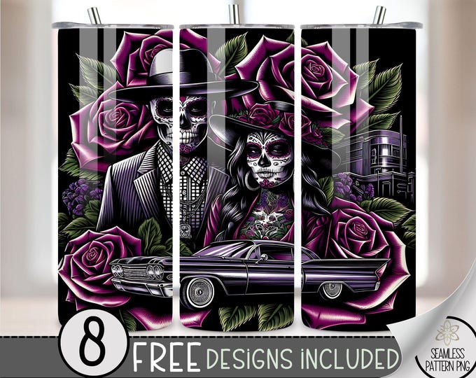 LA Chicano Girl Couple Cholo Couple 20oz Tumbler Wrap, Chicano Style Lowrider Sublimation Design PNG,LA Sugar Skull 20Oz Skinny Tumbler File