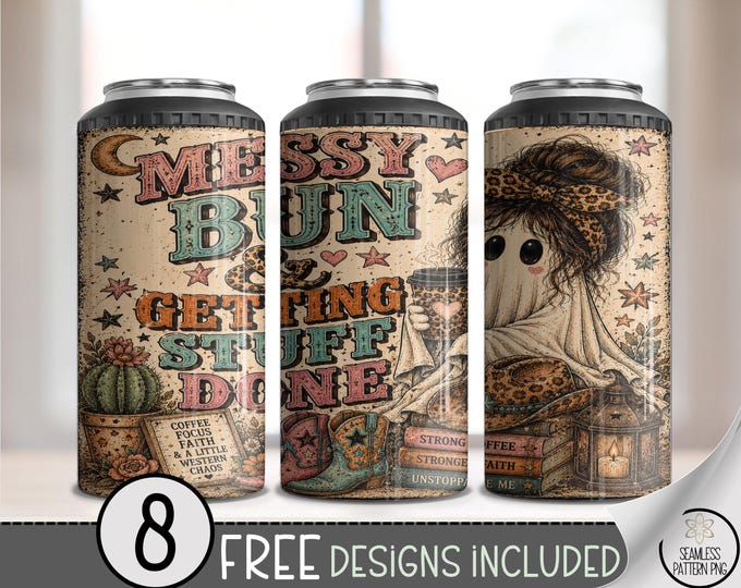 Halloween Messy Bun Ghost 4-in-1 Can Cooler Wrap, Boho Sublimation Design, Digital Download, B10395