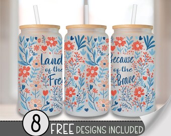 Vintage Floral Glass Can Wrap PNG, Land of the Free Patriotic Can Wrap, 16oz USA Iced Coffee Sublimation for July 4th File A256