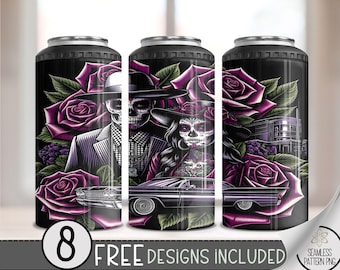 LA Chicano Girl Couple Cholo Couple 4in1 Can Cooler Wrap, Floral 4 in 1 Tumbler PNG, LA Sugar Skull 16 Oz Can Cooler Sublimation Design