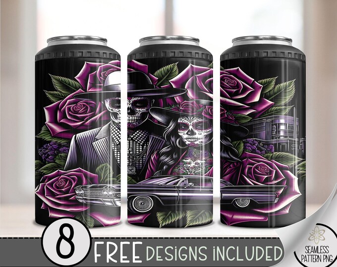 LA Chicano Girl Couple Cholo Couple 4in1 Can Cooler Wrap, Floral 4 in 1 Tumbler PNG, LA Sugar Skull 16 Oz Can Cooler Sublimation Design
