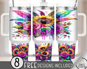 Trendy Mama Sunflower 40oz Tumbler Wrap, Floral 40 oz Tumbler PNG Mother's Day Sublimation Design Leopard 40oz Quencher Tumbler PNG, A135