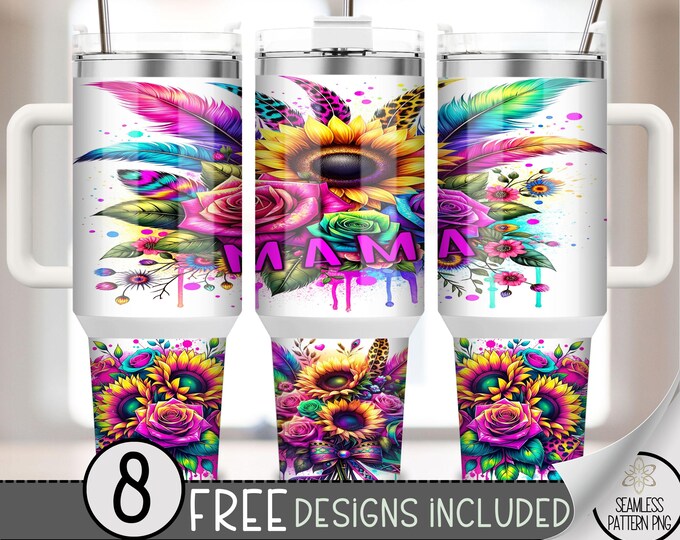Trendy Mama Sunflower 40oz Tumbler Wrap, Floral 40 oz Tumbler PNG Mother's Day Sublimation Design Leopard 40oz Quencher Tumbler PNG, A135