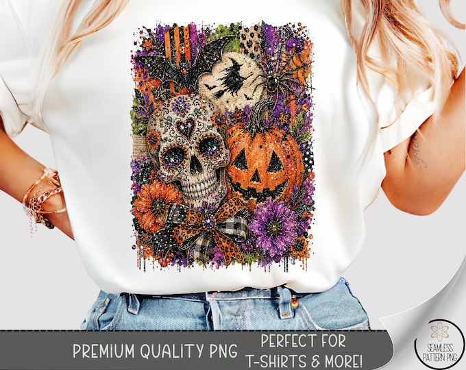 Halloween Sugar Skull Sublimation Design, Spooky Pumpkin TShirt File, Digital Download, B10479
