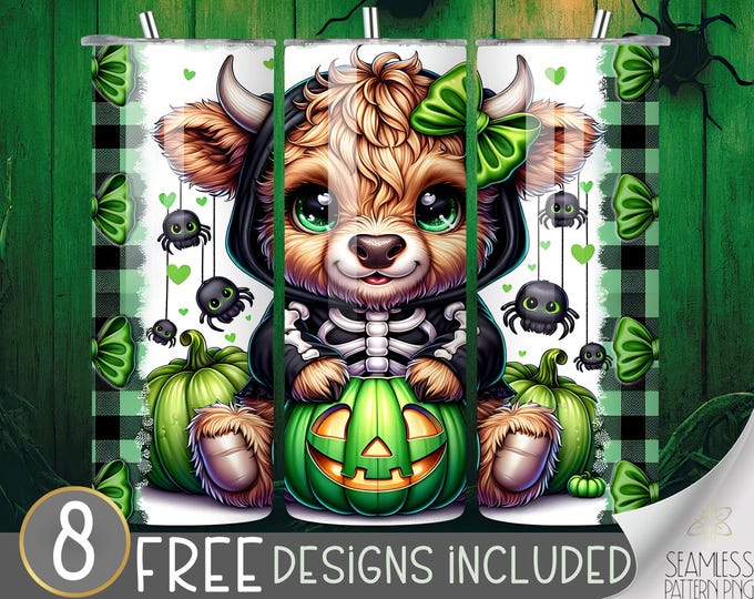 Baby Highland Cow Sublimation Tumbler Wrap, Cute Halloween Highland Cow 20 oz Skinny Tumbler Sublimation Design, Skeleton Highland Cow PNG