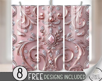 Elegant Rose Gold Jeweled Tumbler Wrap, Glamorous Pink 20 oz Sublimation Design, Luxury Skinny Tumbler PNG, Seamless File