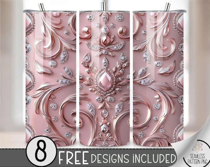 Elegant Rose Gold Jeweled Tumbler Wrap, Glamorous Pink 20 oz Sublimation Design, Luxury Skinny Tumbler PNG, Seamless File