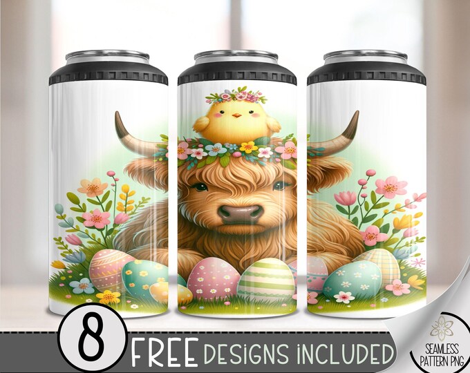 Highland Cow Easter 4 in 1 Can Cooler Wrap, Bunny Floral 4in1 Tumbler PNG, Egg Easter 16 Oz Can Cooler Sublimation Design, Seamless Floral